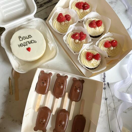 Set of cake, cupcakes and popsicle cake pops
