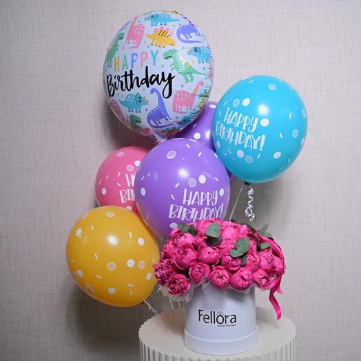 6 Birthday Dots   Sprinkles Latex Balloons, 1 Birthday Foil Balloon, and 1 Pink Peony Roses Flower Box-5732