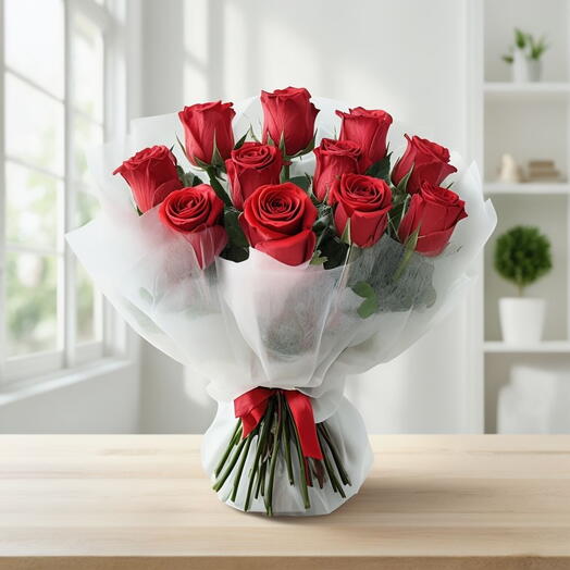 Valentines Day Premium Red Roses Bouquet White Wrapped