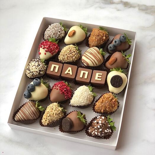 Fresas cubiertas de chocolate con las letras de chocolate "Papá"