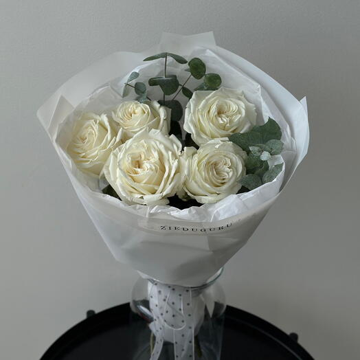 White roses mono bouquet with greenery