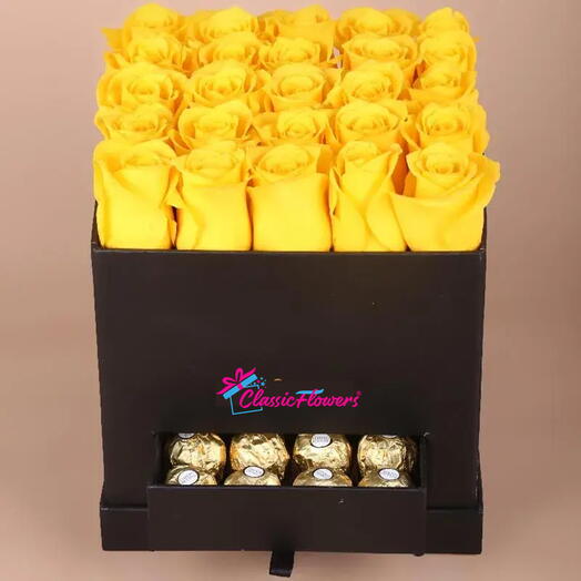 Black Box of Love 25 Yellow Roses: Elegant Floral Gift Set