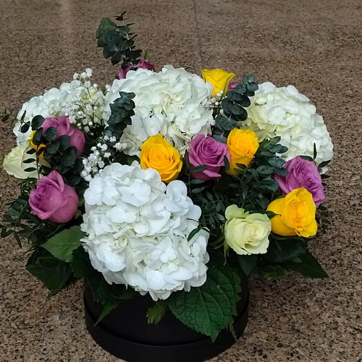 Hydrangea with multi colour roses in a black box