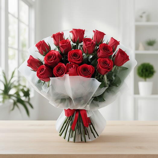 Valentines Day Round Shaped Red Roses White Wrapped Bouquet