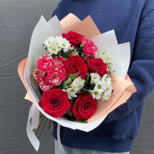 Designer bouquet of roses, chrysanthemums and alstroemerias
