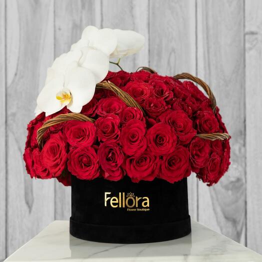 150 premium red rose box arrangement 1