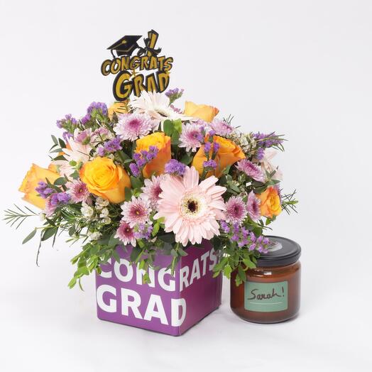 Grad Flower Vase With Personalised Name Candle