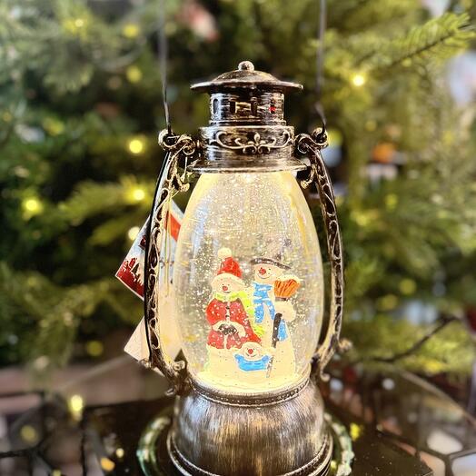 Lantern-snowman family with baby,waterspinning, LED-Bronze