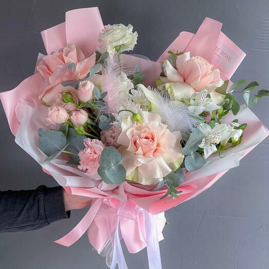 Pink bouquet with French eucalyptus roses and peony rose