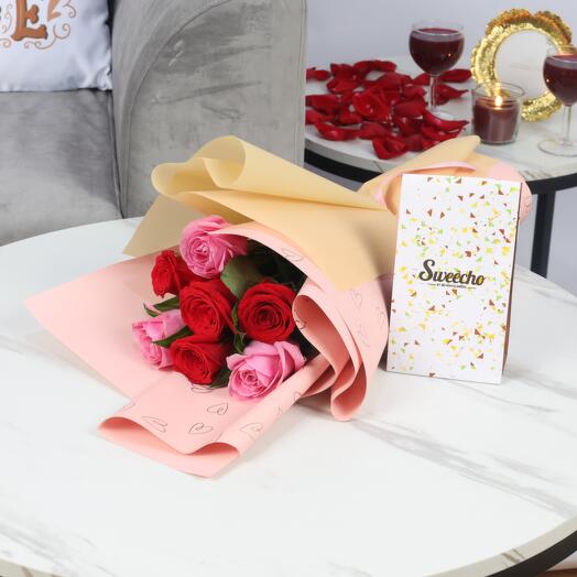 Cutie Pie 7 Roses Bouquet and Sweecho Chocolates 100gm