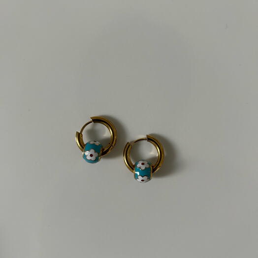 Blue flower gold hoop earrings