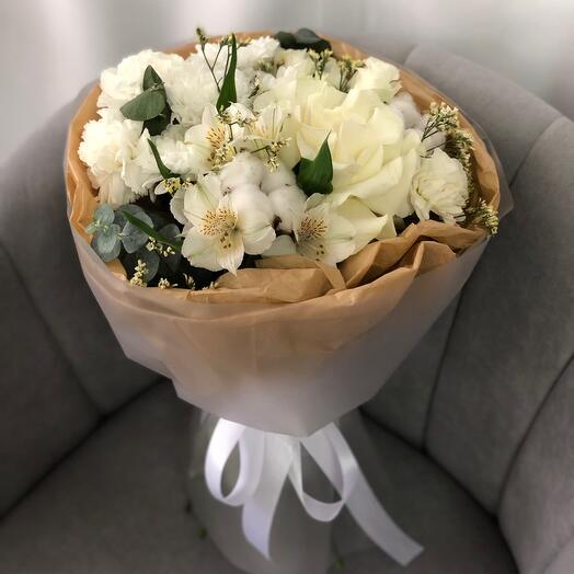 Cream-colored bouquet with openwork rose, bush chrysanthemum and varietal carnations