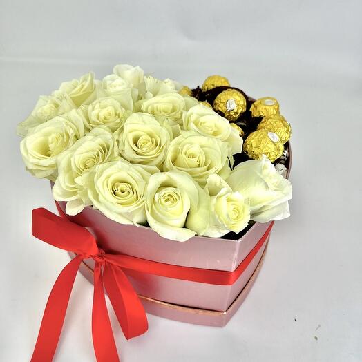 Roses in a box with sweets "Delicious Folly"