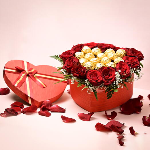 Heart Shape box with Red Roses and Ferrero Rocher