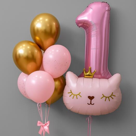 🎀 Композиция с шарами Кошечка и цифра 1 на первый день рождения девочки