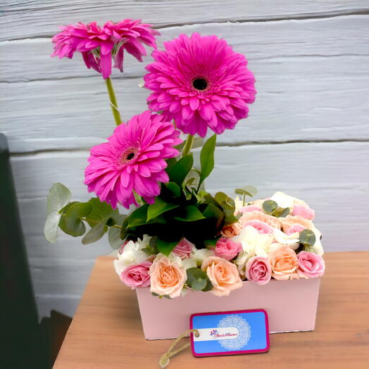 Baby Girl Pink Box Arrangement: Spray Rose Pink, Hydrangea, Gerbera   Eucalyptus