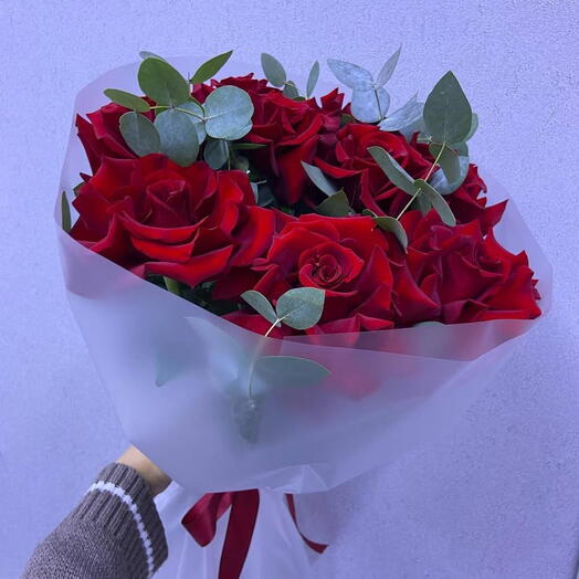 EVER RED ROSES   WITH EUCALYPTUS IN A BQT