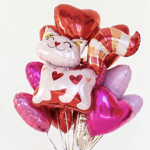 11 hearts 1 large cat helium baloons