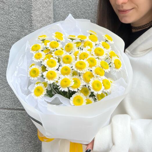 Bouquet-compliment "Sun in your hands" in a craft package: bush chrysanthemum santini-chamomile 7 pcs.