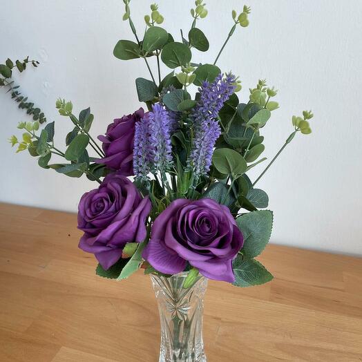 Artificial Purple Rose Bunch in Glass Vase