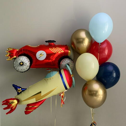 Globos de helio, 6 latex y 2 formas, coche y avion