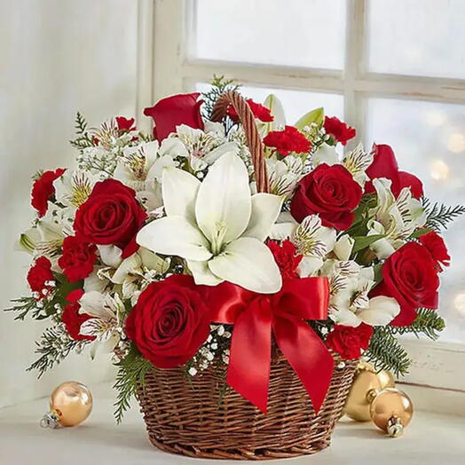 Joyful Red and White: 10 Red Roses, 1 White Oriental Lily, 10 White Alstroemeria in Handle Basket