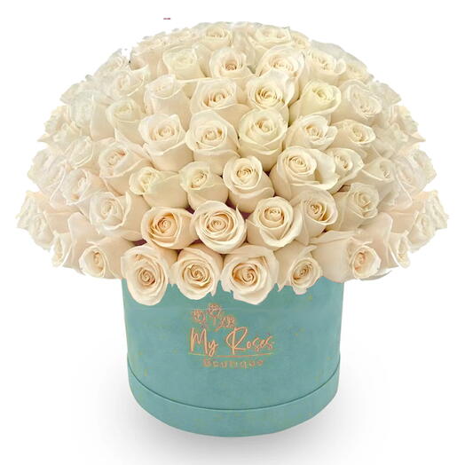 Blue Velvet Box With 50 White Roses