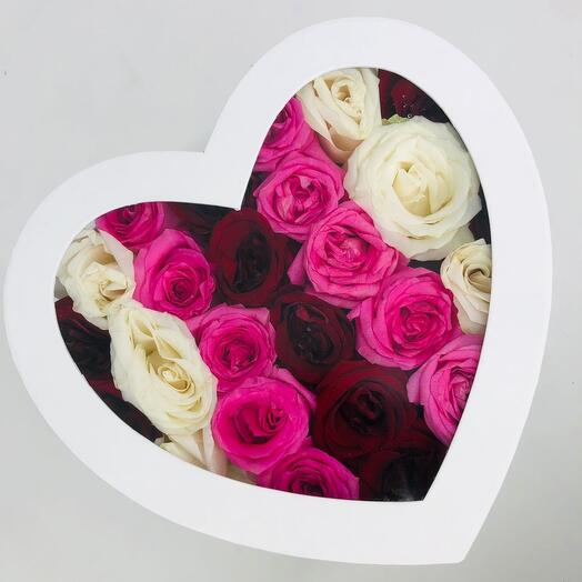 Roses in white heart box