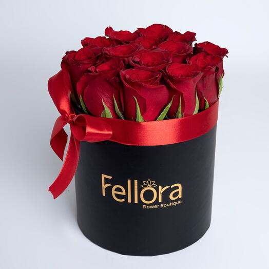 13 Red Roses In A black Round Box