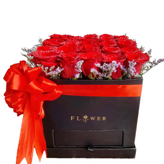 Luxurious 16 Red Roses with Purple Limonium in Black Square Box