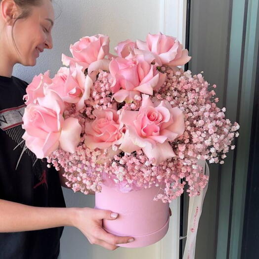 French roses and baby's breath in a box