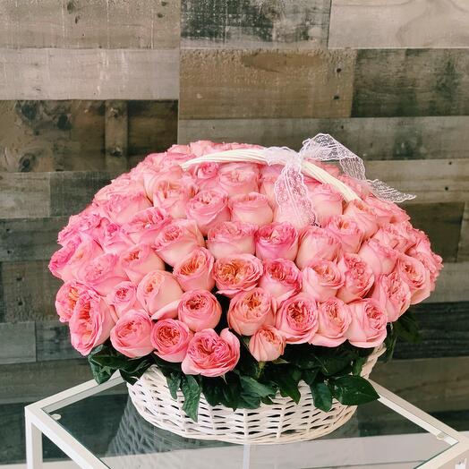 101 Pink Garden Roses with Basket