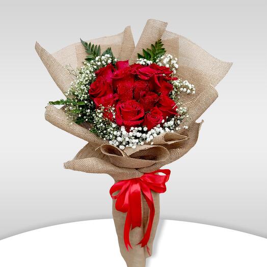 15 Red Roses With Jute Wrapping