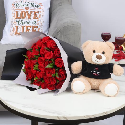 Love Bouquet 35 Red Roses and I Love You Teddy