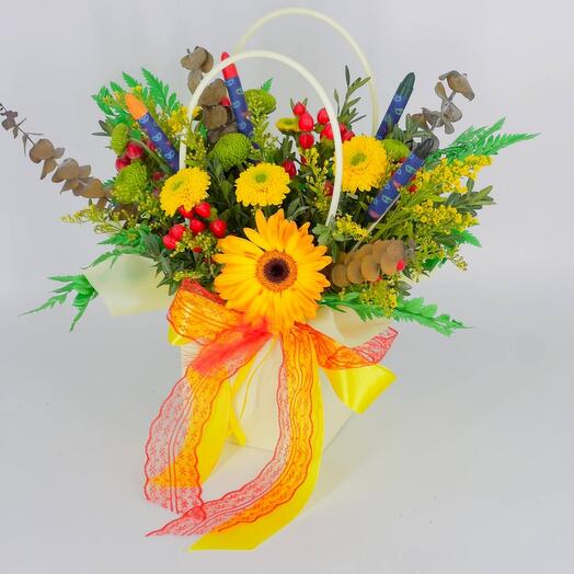 Flowers with colored pencils in a handbag