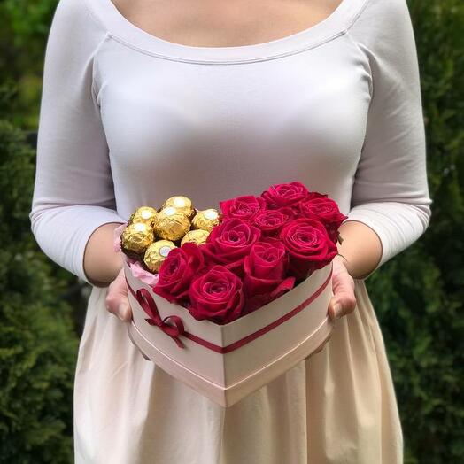 Flowers in a Heart-Shaped Box with sweets &quot;Magic of Love&quot;