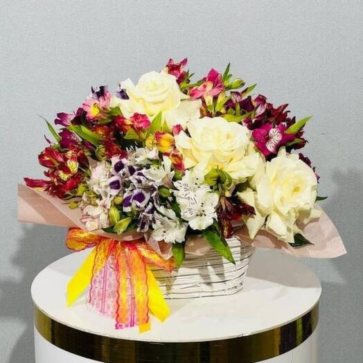 Luxury alstroemeria flower basket with French roses