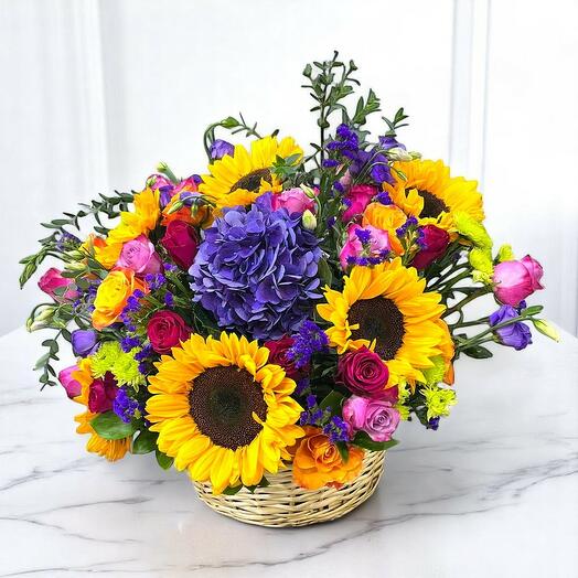 Radiant Sunshine Flower Basket – Sunflowers, Hydrangea, Roses   Eucalyptus Arrangement