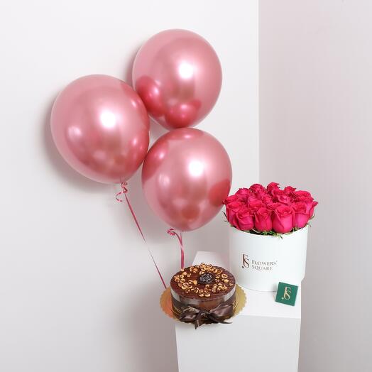 Fuchsia Rose Box, Cake and Balloons