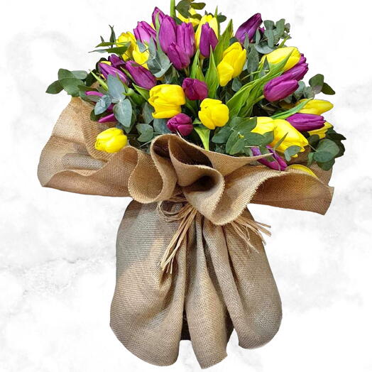 Tulips Royal Hand Bouquet - Mixed Color Fresh Tulips with Greenery