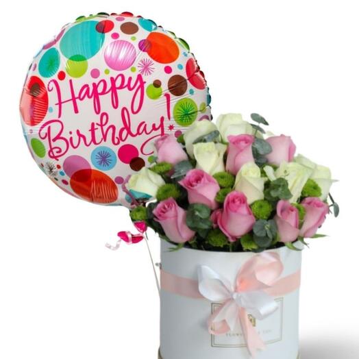 Flowers box with birthdays balloon