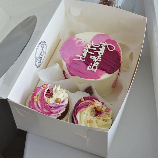 Set of bento cake with cupcakes "Happy birthday"