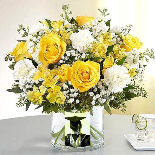 Graduation Yellow And White Flower Arrangement