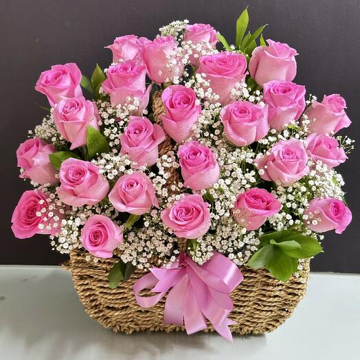 25 Pink Roses Basket