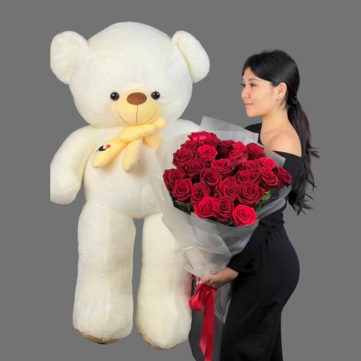 Букет из 25 Голландских роз 90 см + Мишка 100 см