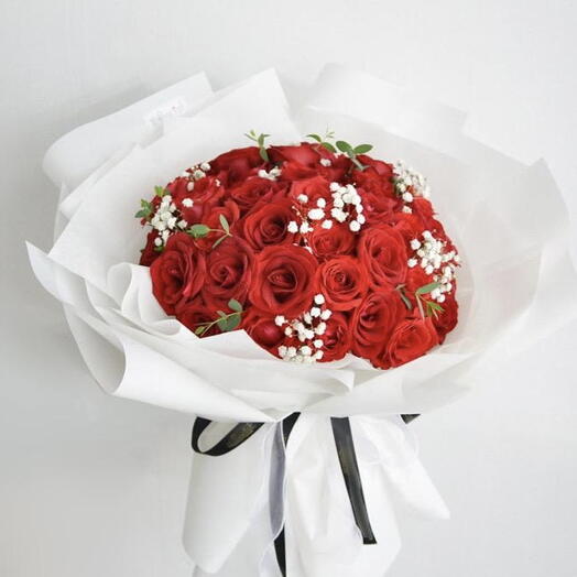 Valentines Day Red Roses Bouquet White Wrapped