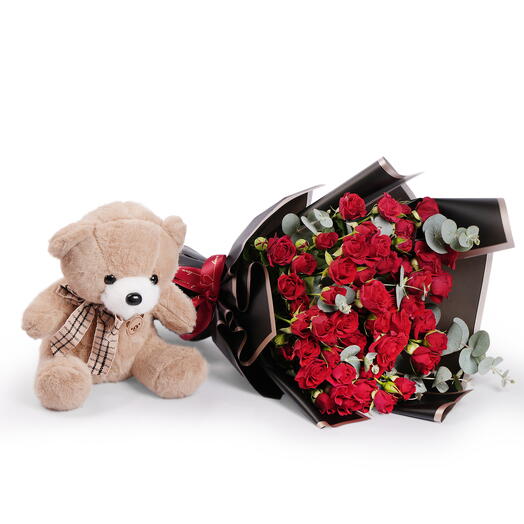 Bouquet of Baby Roses with Brown Teddy Combo