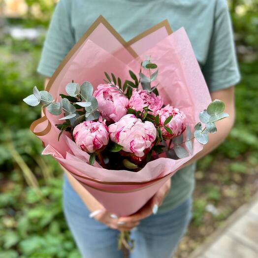 5 Sarah Bernhardt peonies with Eucalyptus