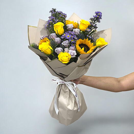 Golden Glow: Sunflowers and Yellow Roses with Aster and Eryngium