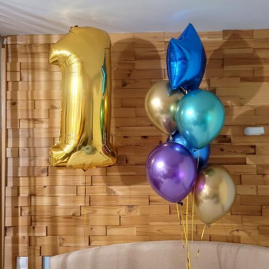 Цифра фольгированная и фонтан из шаров хром и звезда фольгированная